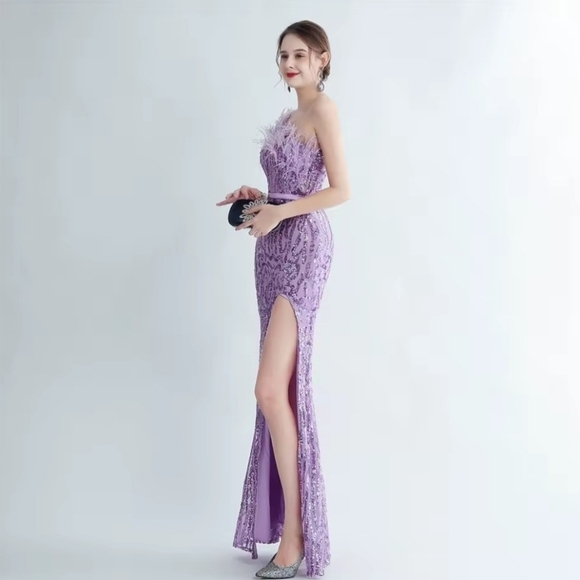 Purple, Geo Print, Assymmetrical Neck, Ostrich Feather, Sequined Gown - Picture 14 of 16